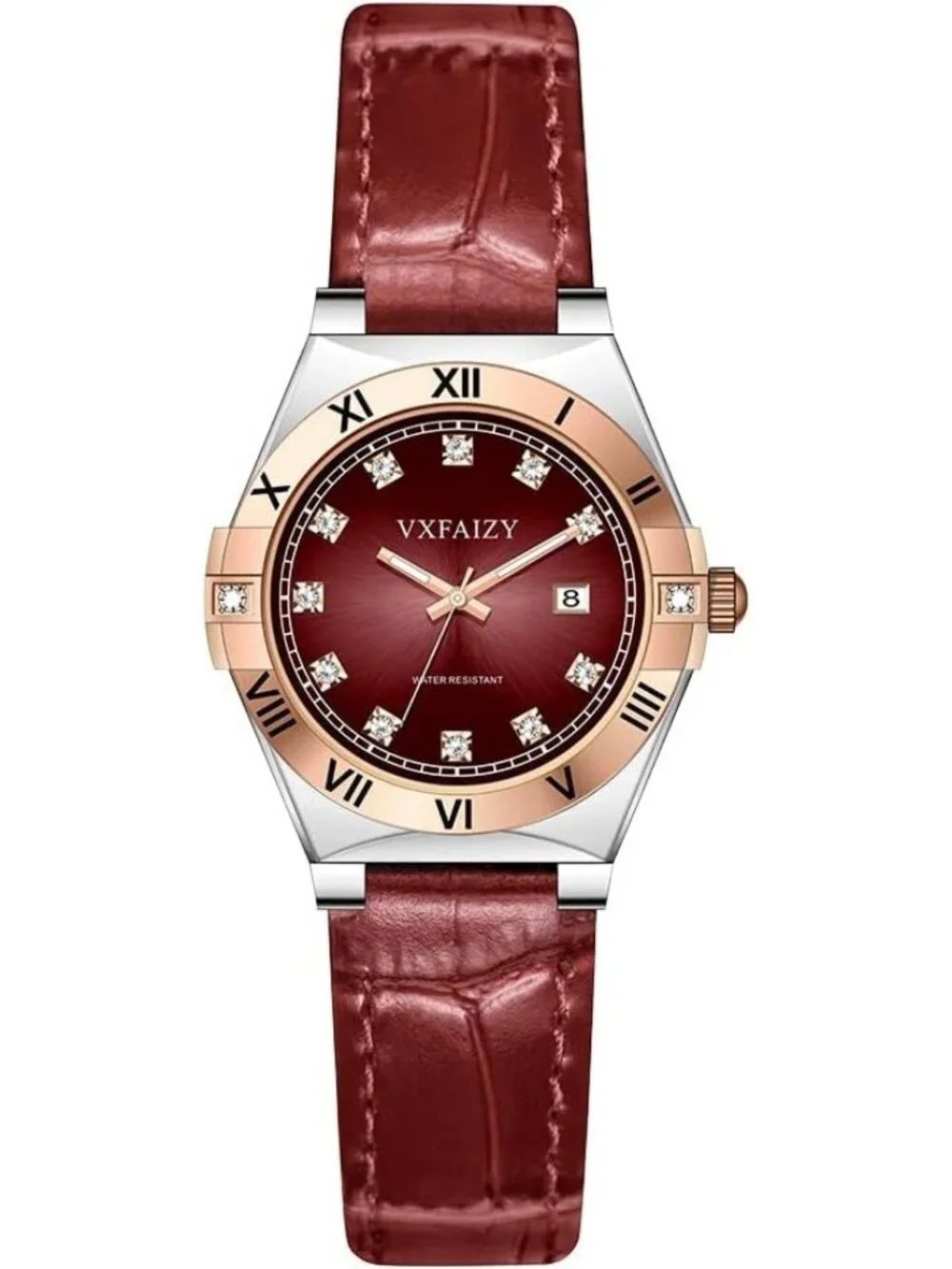 Women's Silver Red Crystal Diamond Dial Genuine Leather Strap Wrist Watches